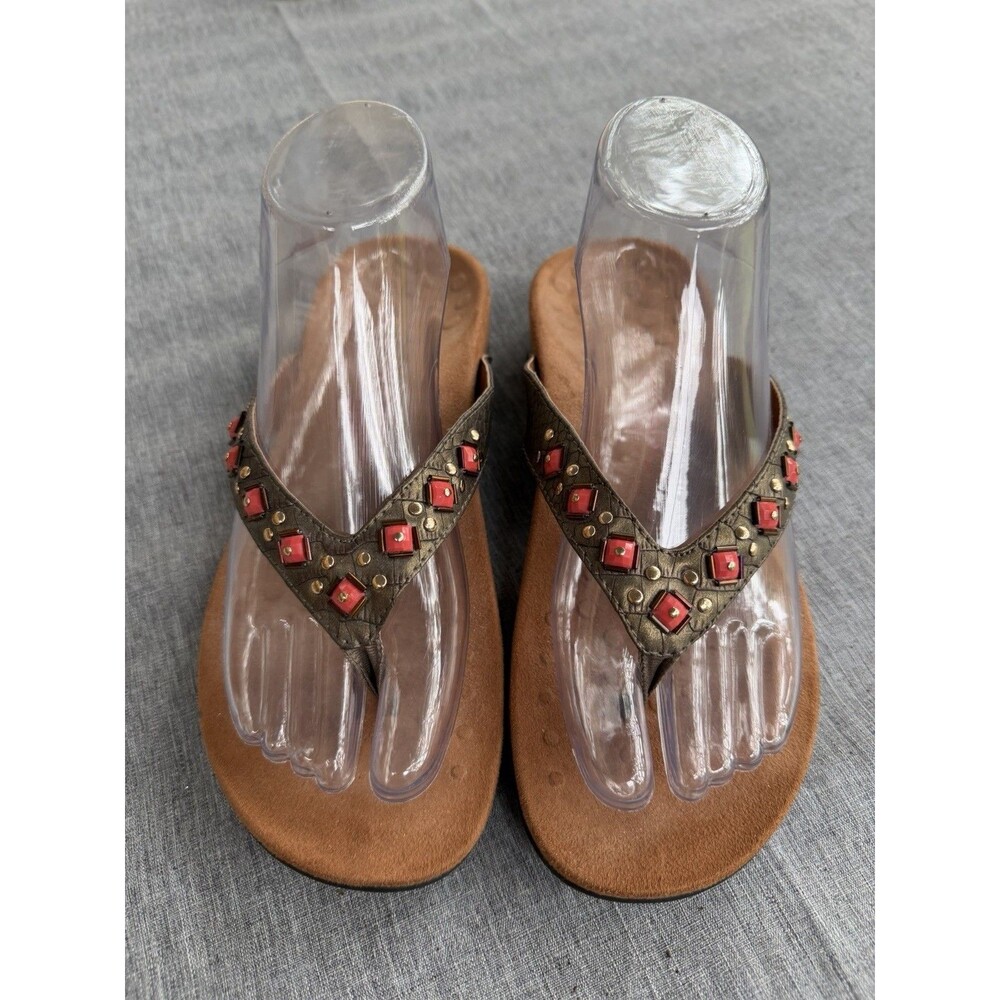 Vionic Floriana Cork  Sz 8 Sandals Flip Flops Shoes Bronze Snake W/Jewels /Studs